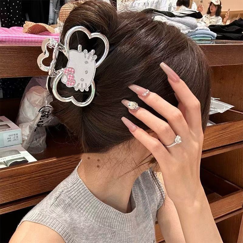 Sparkle KT! Girlish cat double-sided claw clip, high-end silver bow shark clip, back head bun hair clip Specification drawing