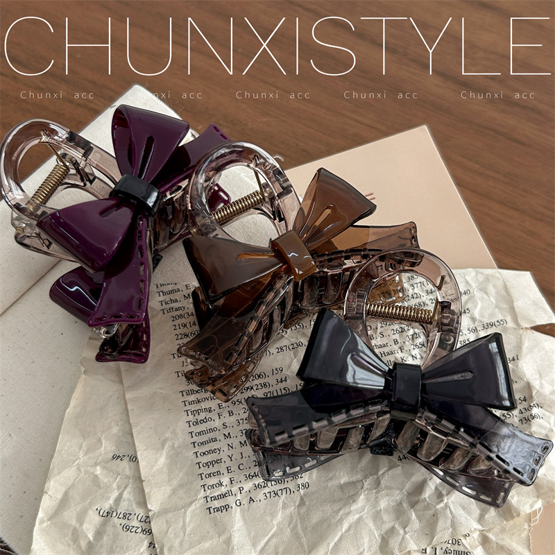 Korean acetic acid high-end three-dimensional double-sided hair clip, jelly-like bow shark clip, exquisite and elegant color matching grab clip Specification drawing