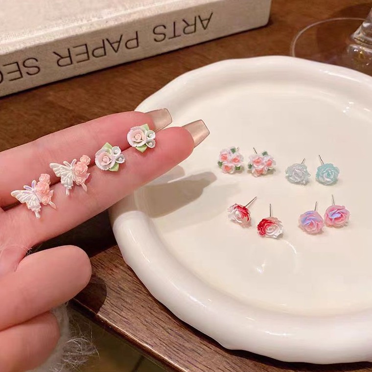 6 pairs of colorful flower-shaped butterfly stud earrings for women, a new bestseller in 2025, exuding a high-end, light luxury and sweet charm Specification drawing