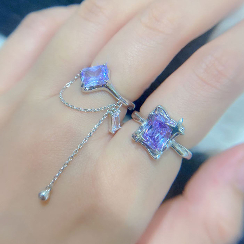 The small square sugar light luxury high-end sweet cool purple diamond zircon tassel open ring for women's ins cold style starlight ring Specification drawing
