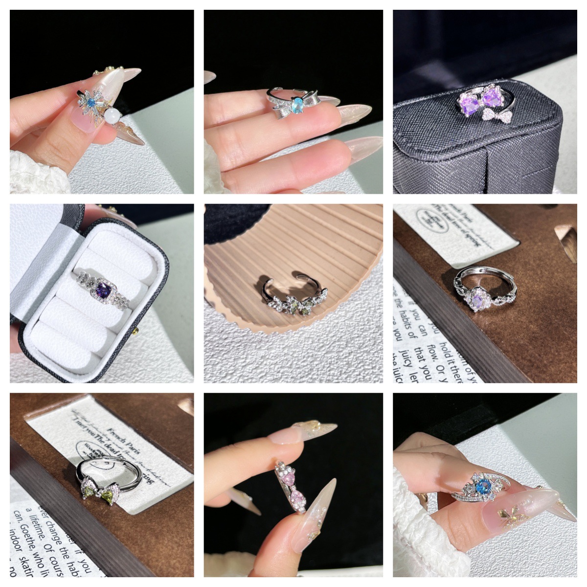 French super fairy colored diamond irregular bow, exquisite texture, open ring, sweet and cool, square sugar geometric index finger ring Application Scenario