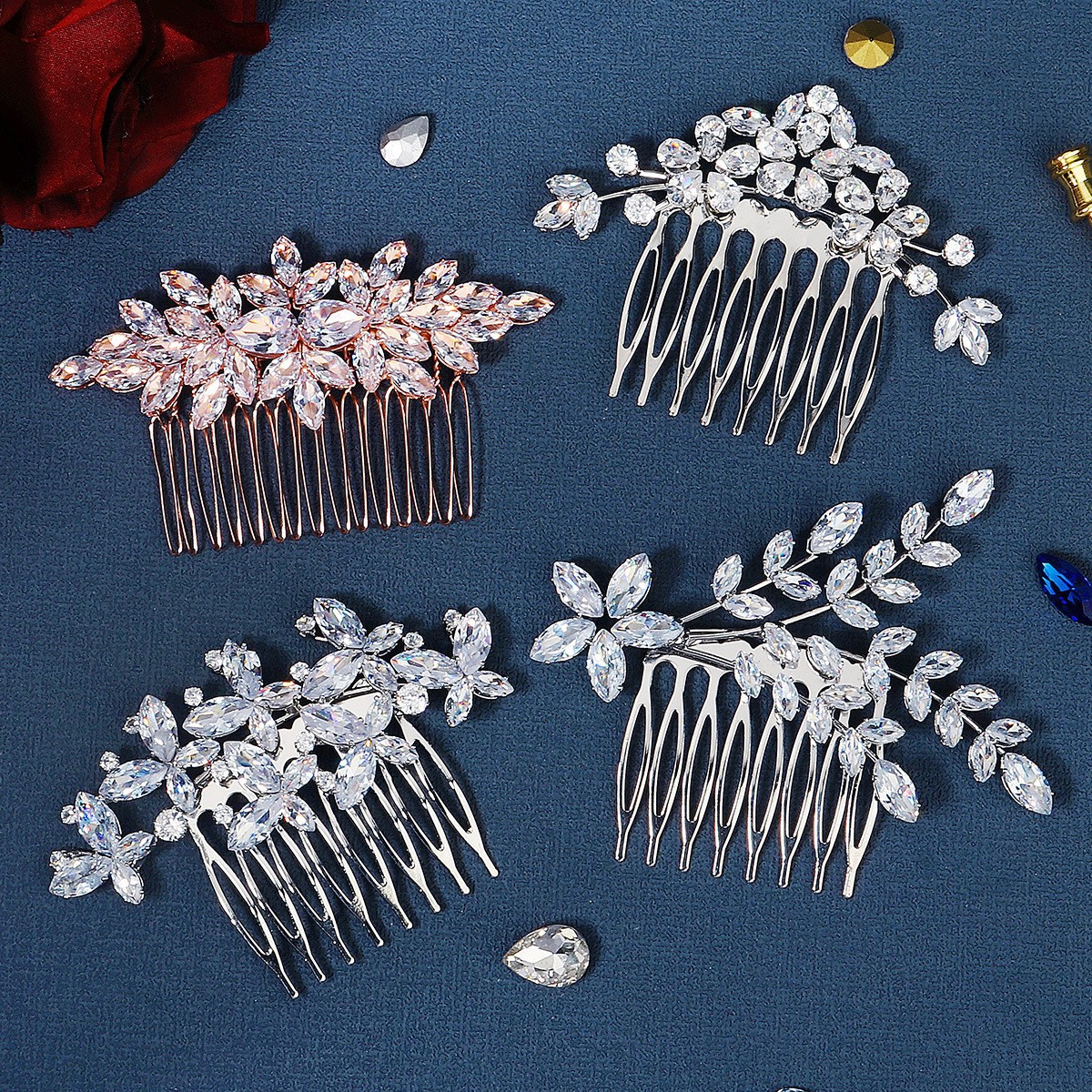 Hair comb accessories, women's photography photo and makeup set, hair accessories, high-end and light luxury headwear, zircon flower bridal comb Specification drawing