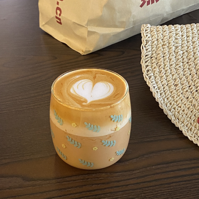 Country-style French small floral water cup, fresh ice blue willow leaf glass cup, heat-resistant juice cup, milk cup details Picture