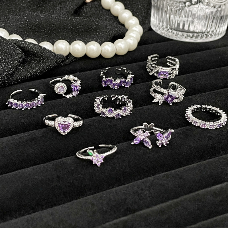 A light luxury, sweet and cool geometric purple diamond open ring for women, with a niche design sense, a cold style, fashionable and individual, exquisite index finger ring details Picture