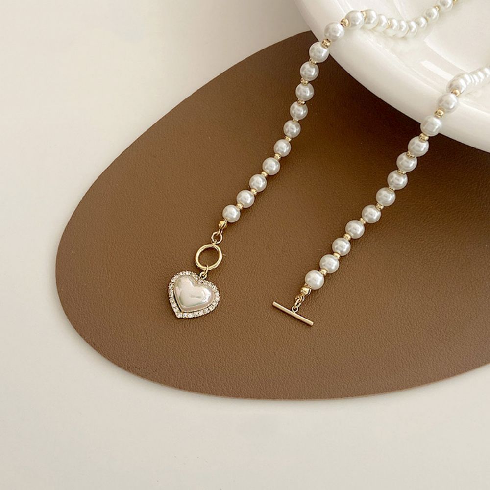 French Baroque pearl heart necklace, light luxury and elegant female heart collarbone chain, 2023 new style chanel-style pendant Specification drawing