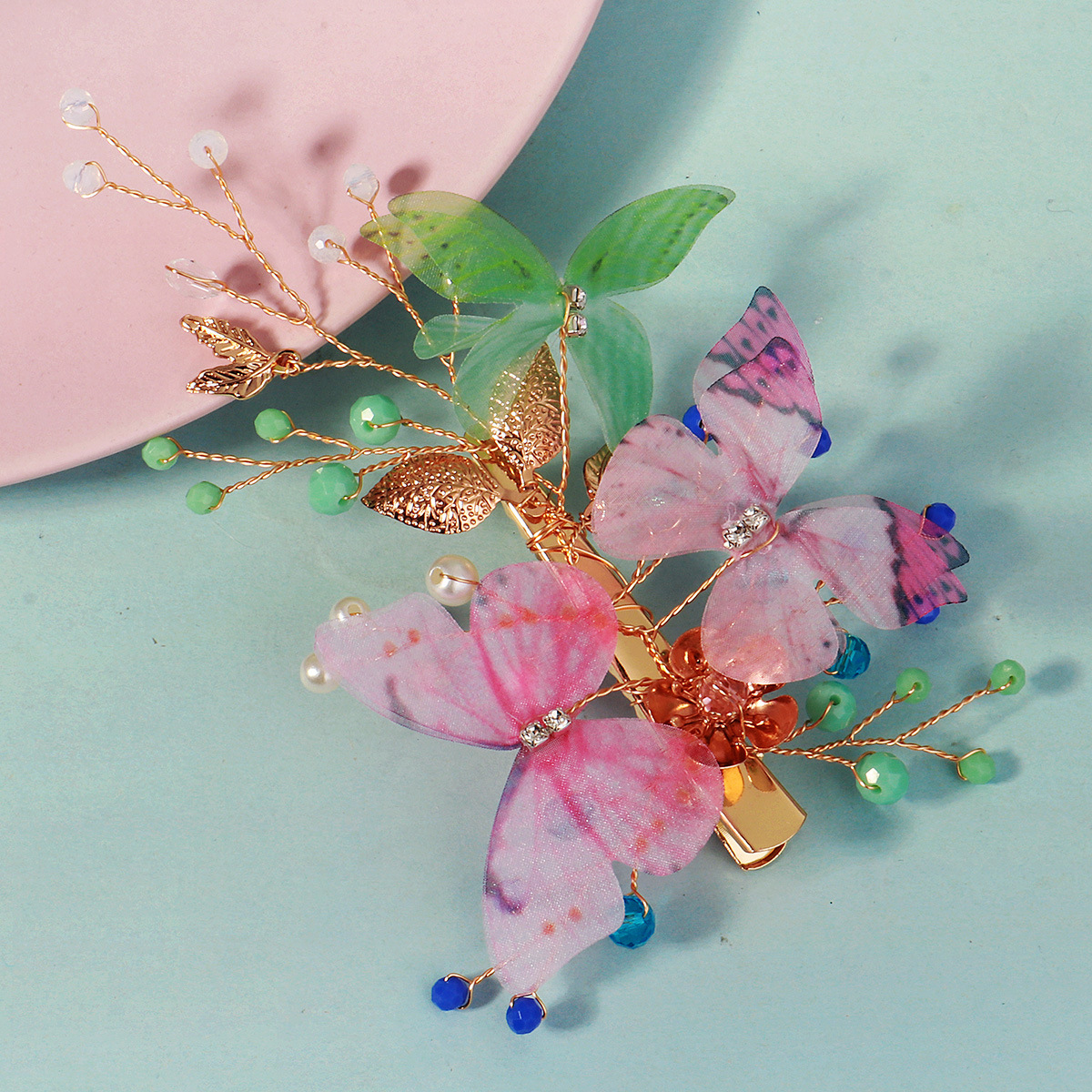 Vacation-style colorful mesh butterfly hair band, forest-themed fairy pearl crystal bead hair clip, fresh and sweet photo hair accessory Specification drawing