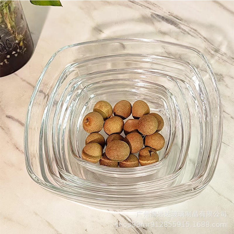 Simple square transparent glass bowl, yogurt fruit salad bowl, dessert bird's nest seasoning bowl, large kitchen soup and dish bowl Specification drawing