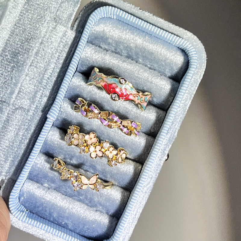 New Chinese-style retro flower enamel exquisite and dreamy purple bow open ring, simple and versatile fashionable ring for women Specification drawing
