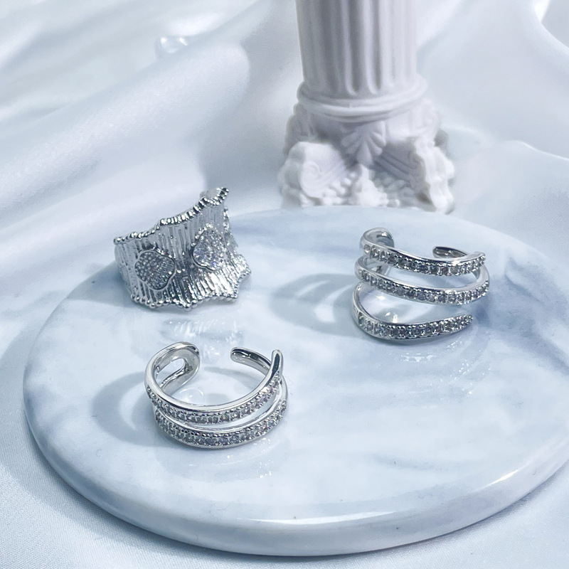 Irregular-line micro-inlaid elegant open ring for women, exquisite and versatile, light luxury and high-end, niche cold style ring full figure