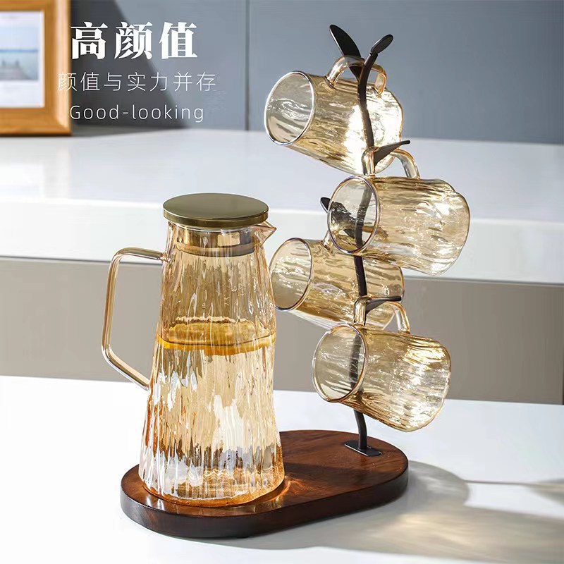 Nordic glacier patterned glass kettle, large-capacity refrigerator water cooler, hammer-patterned cold boiled water cooler cup set details Picture