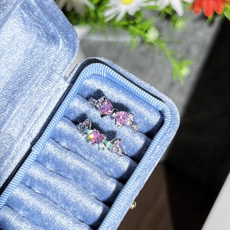Sweetheart cat pink diamond heart-shaped bow open ring, a woman's Instagram cold style, high-end and luxurious ring Specification drawing