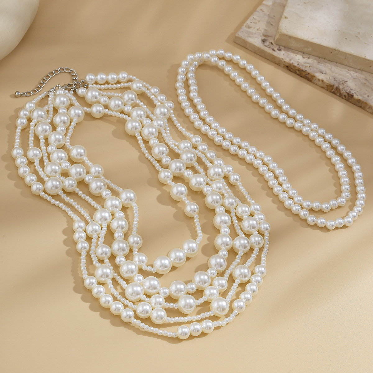 European and American exaggerated multi-layered imitation pearl necklace dress fashionable bride chanel-style beaded necklace set details Picture