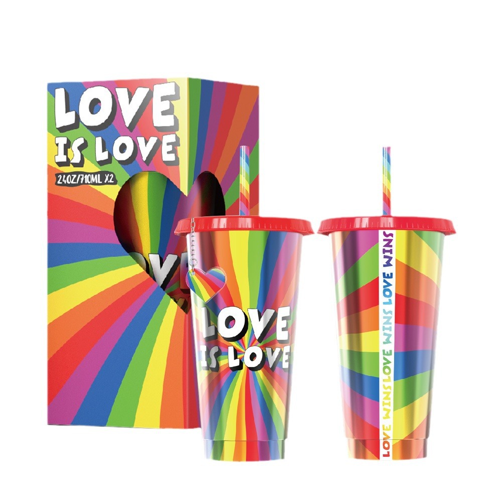 Factory stock: 710ML large-capacity rainbow laser cup, summer creative rainbow cool and dazzling plastic water cup with gold foil stamping Item Picture