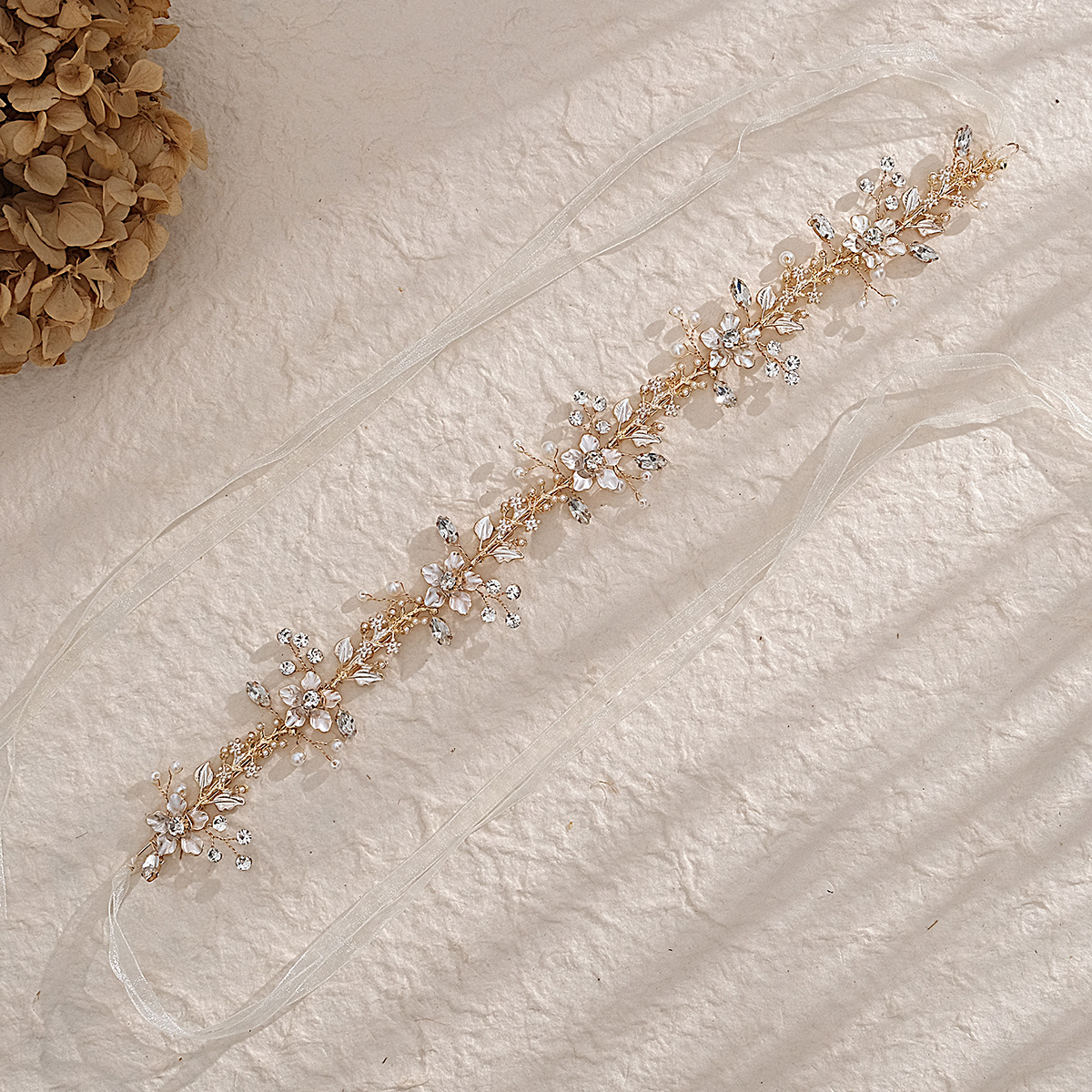 European and American simple handcrafted pearl bride headband, rose gold jelly water diamond alloy headband, wedding headwear accessories Specification drawing