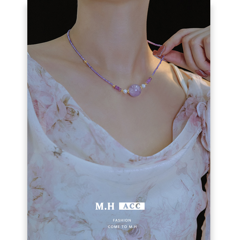 Korean-style dreamy amethyst zircon beaded necklace accessory for women in 2025, a new light luxury, fashionable and high-end style necklace details Picture