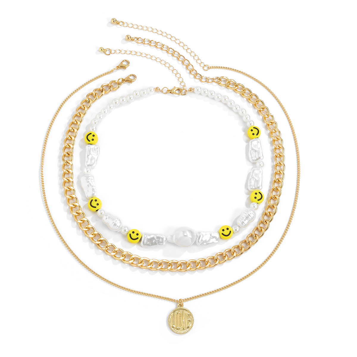 European and American cross-border jewelry, ethnic style spliced combination collarbone chain necklace, imitation pearl geometric smiling face letter necklace Item Picture