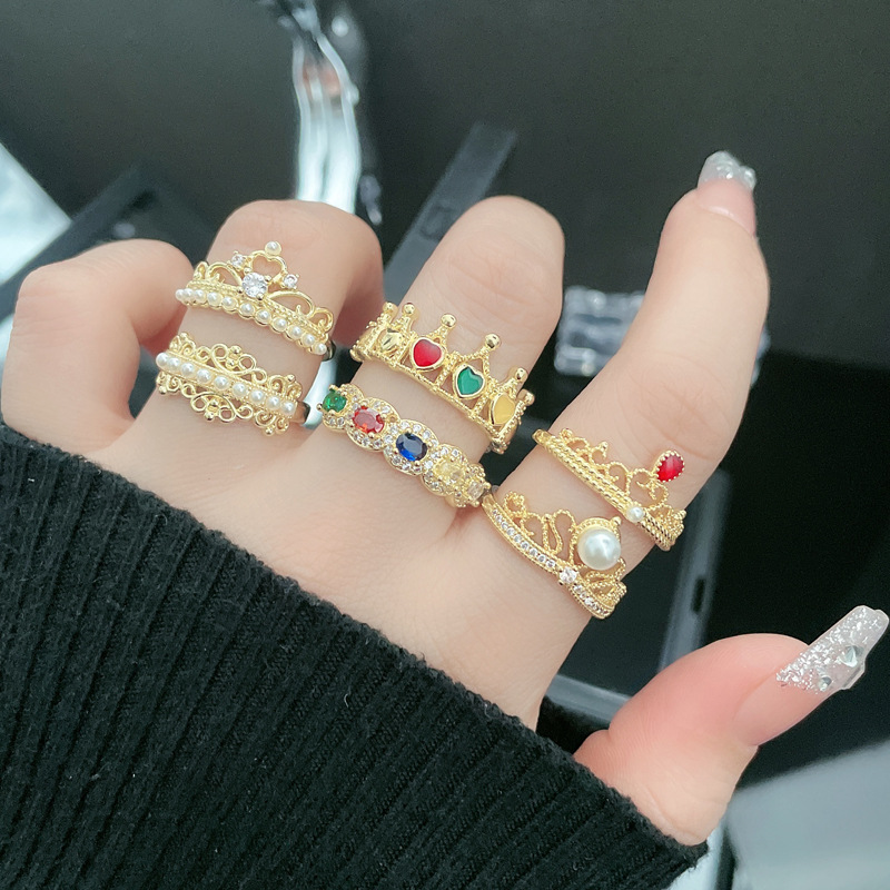 The new crown InS-style light luxury and versatile pearl colored drip glaze open ring is a niche and cold style ring trend for women details Picture