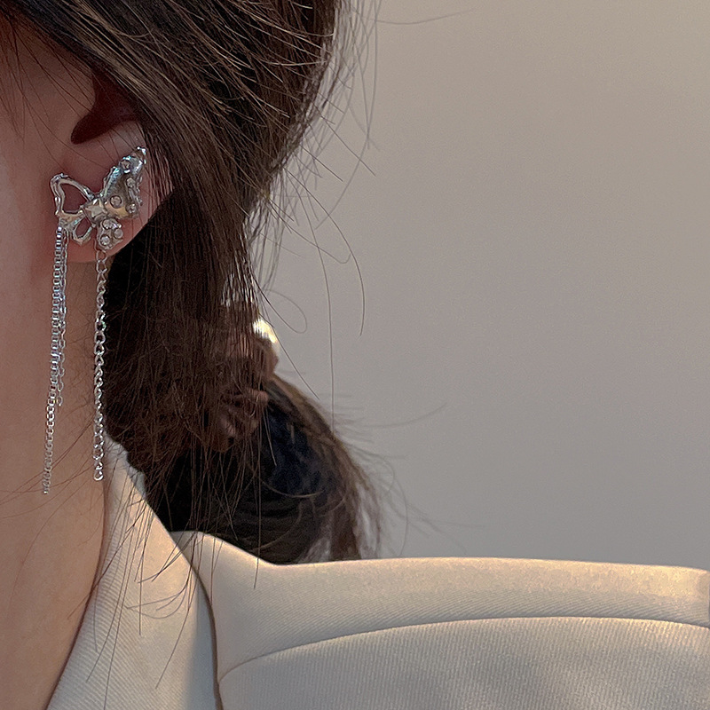S925 Silver Needle Japanese and Korean sweet and cool butterfly tassel earrings for Women, a unique and simple cold style hot girl earrings this year Specification drawing