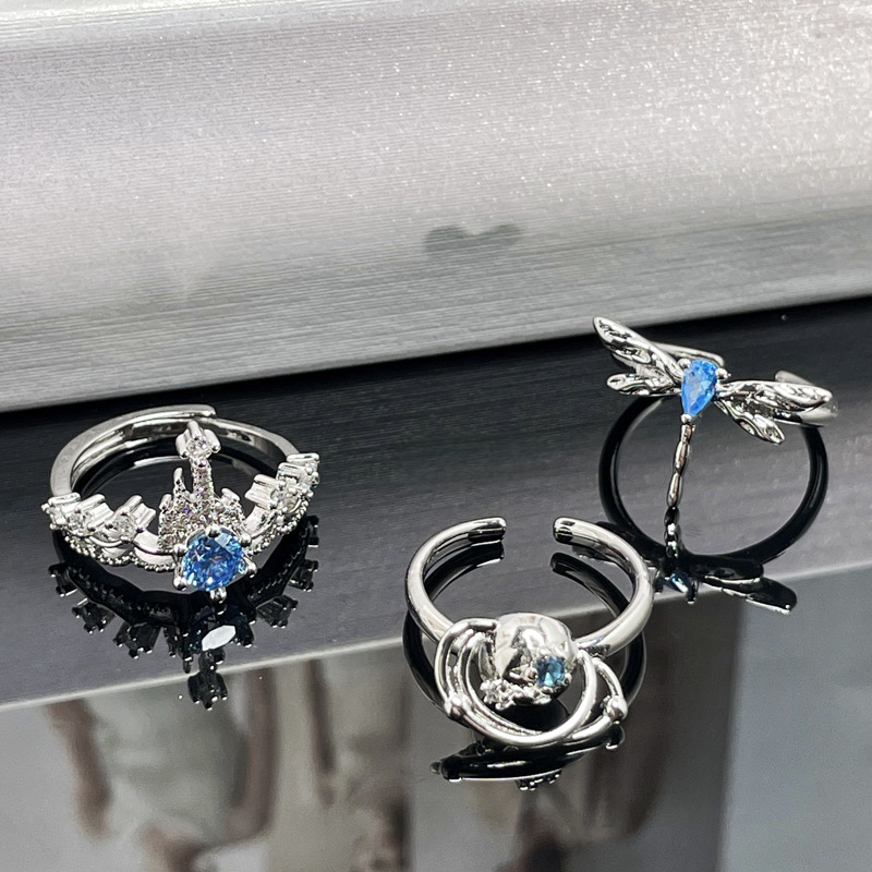 French gentle crown, sea blue zircon light luxury open ring, women's dragonfly fashionable, simple and individual cold style ring Specification drawing