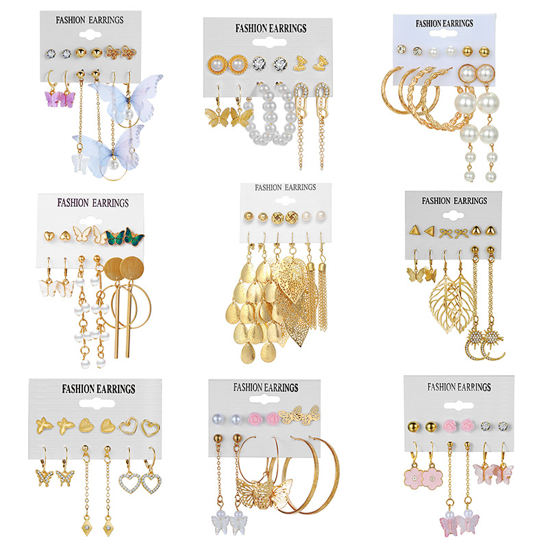 European and American cross-border long tassel butterfly earrings, asymmetrical alloy pearl butterfly pendant earrings, card earrings full figure