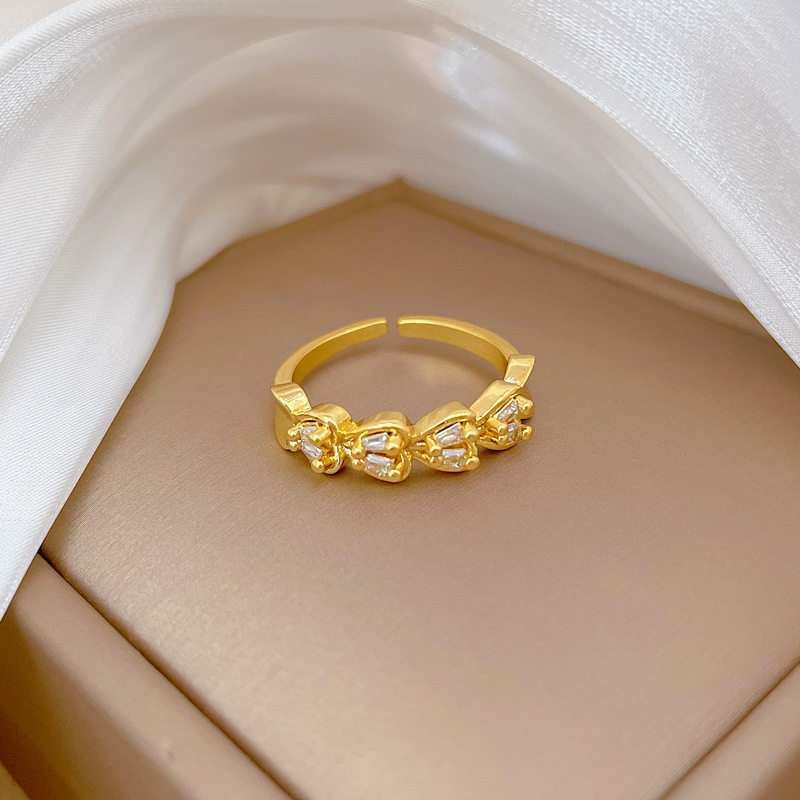 【 Real Gold 】 Heart-shaped double row Full diamond ring with adjustable opening, simple Japanese-style ring couple rings Specification drawing