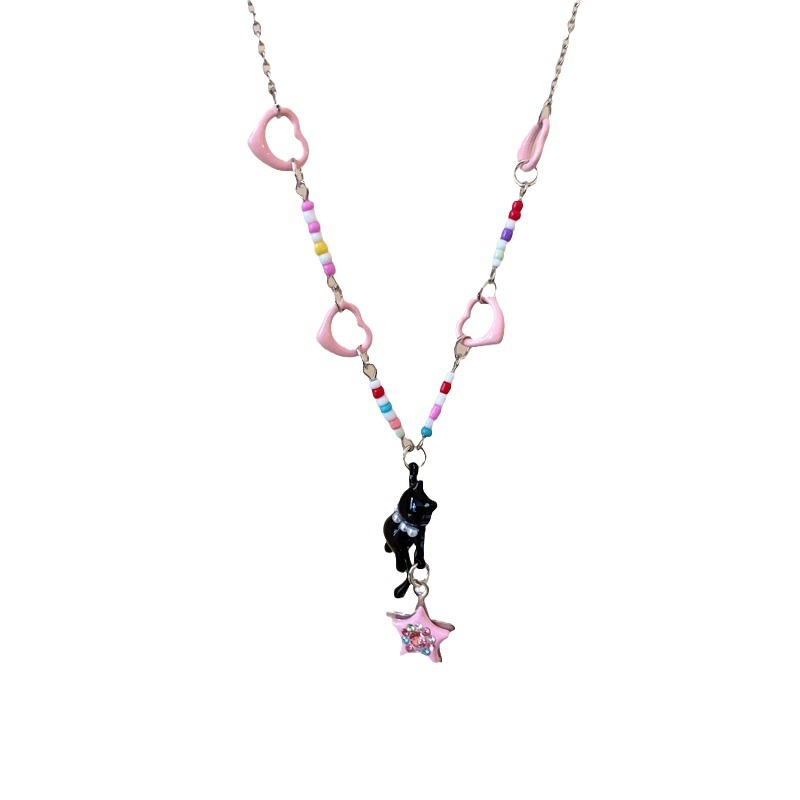 Black cat pink star beaded necklace for women's summer y2k hot girl cute versatile accessory design Sweet and cool collarbone chain Item Picture