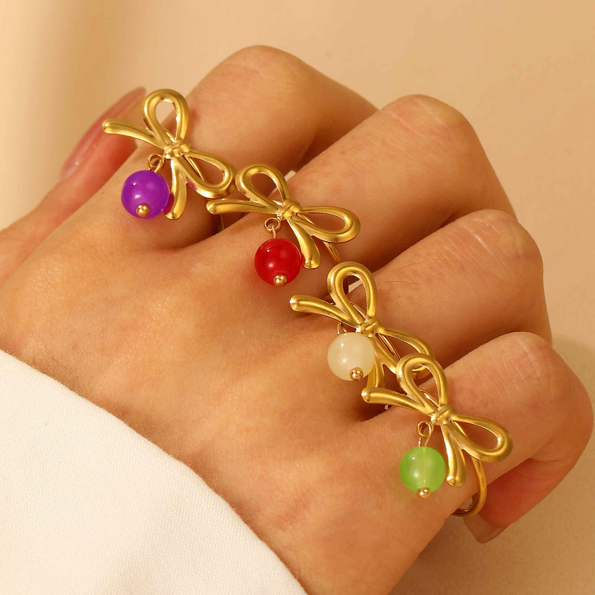 European and American ins bow cherry stud open ring, colorful round bead earrings, stainless steel country style jewelry details Picture