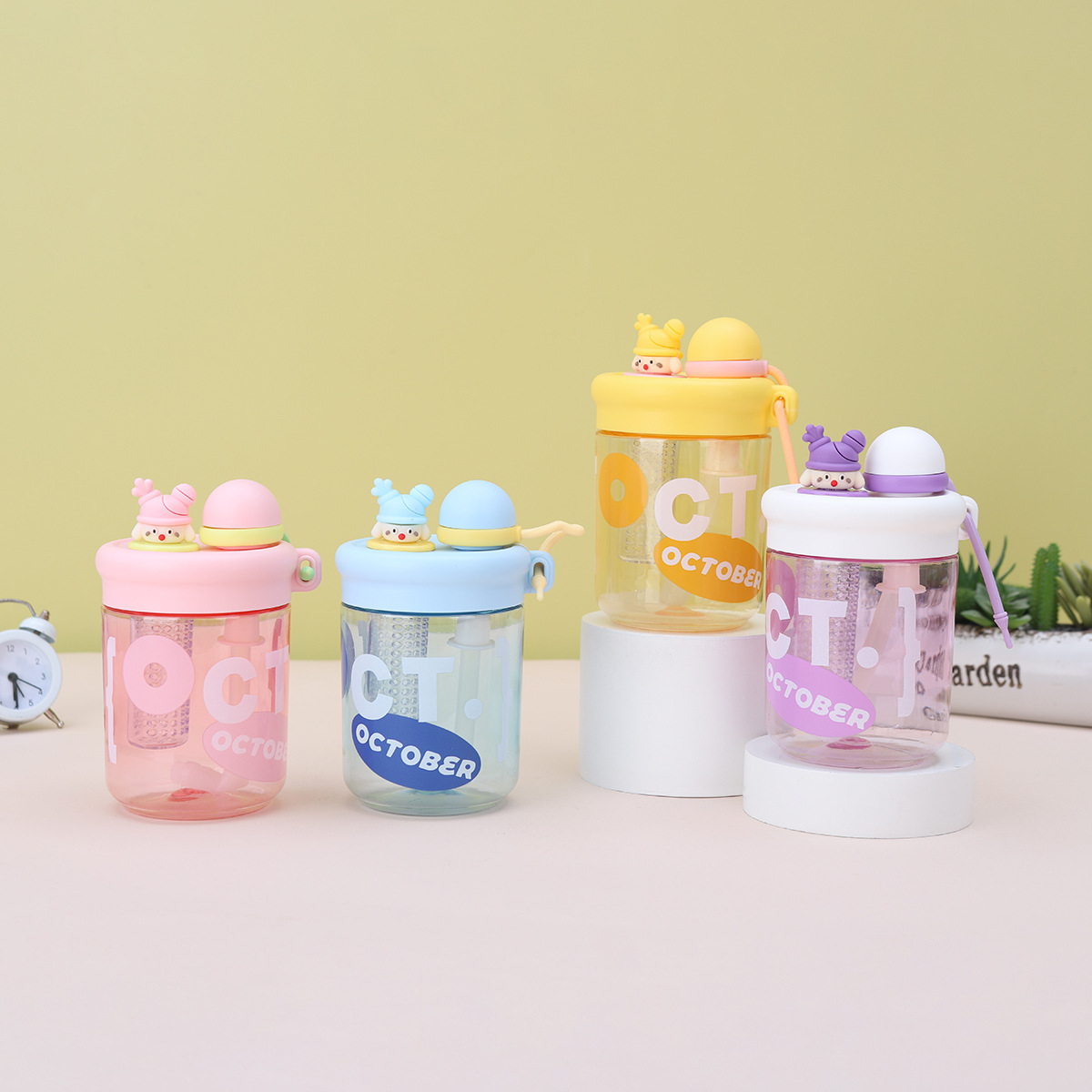 Double-drinking straw cup for girls, high appearance level, anti-drop and heat-resistant plastic cup, children and students, tea-water separation, flower tea cup details Picture