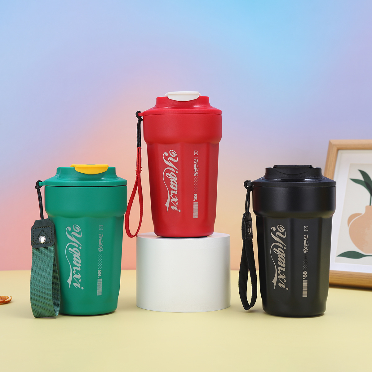 Cross-border 316 stainless steel vacuum insulated cup, high appearance level, simple octagonal coffee cup, outdoor portable rope water cup details Picture