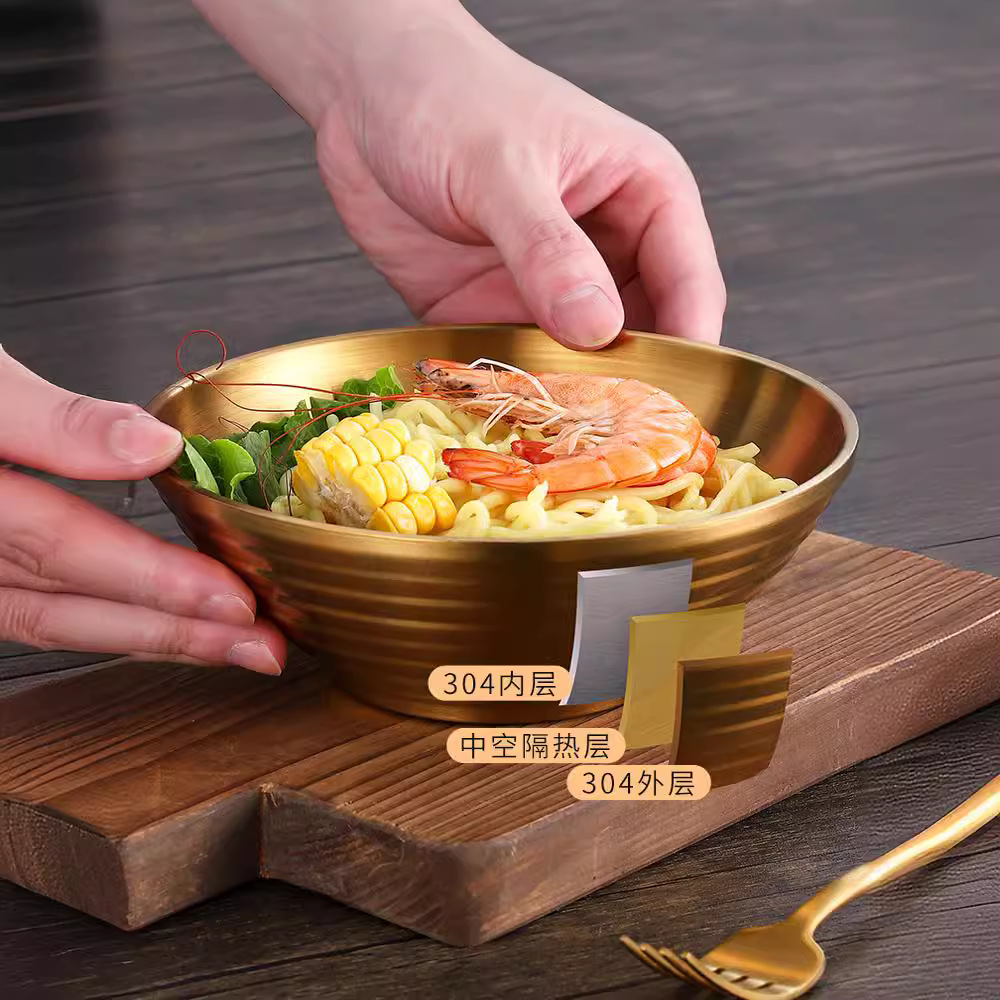 Double-layer insulated noodle bowl, flared ramen bowl, cold noodle bowl, spicy hot pot conical bowl, 304 stainless steel threaded large bowl Specification drawing