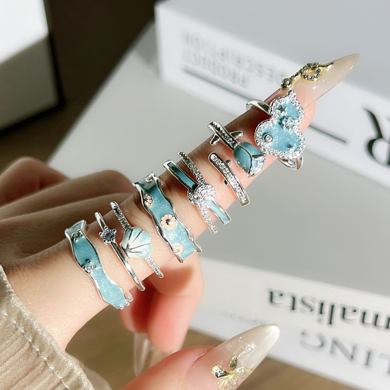 A dreamy ocean-style blue glazed gourd flower open ring with a cold and unique design sense for women's daily life full figure