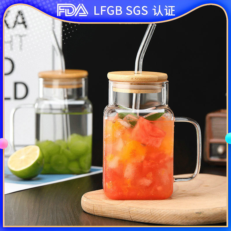 Straw glass cup, ins style, household high borosilicate strap, Mark water cup, large capacity, office covered cup full figure