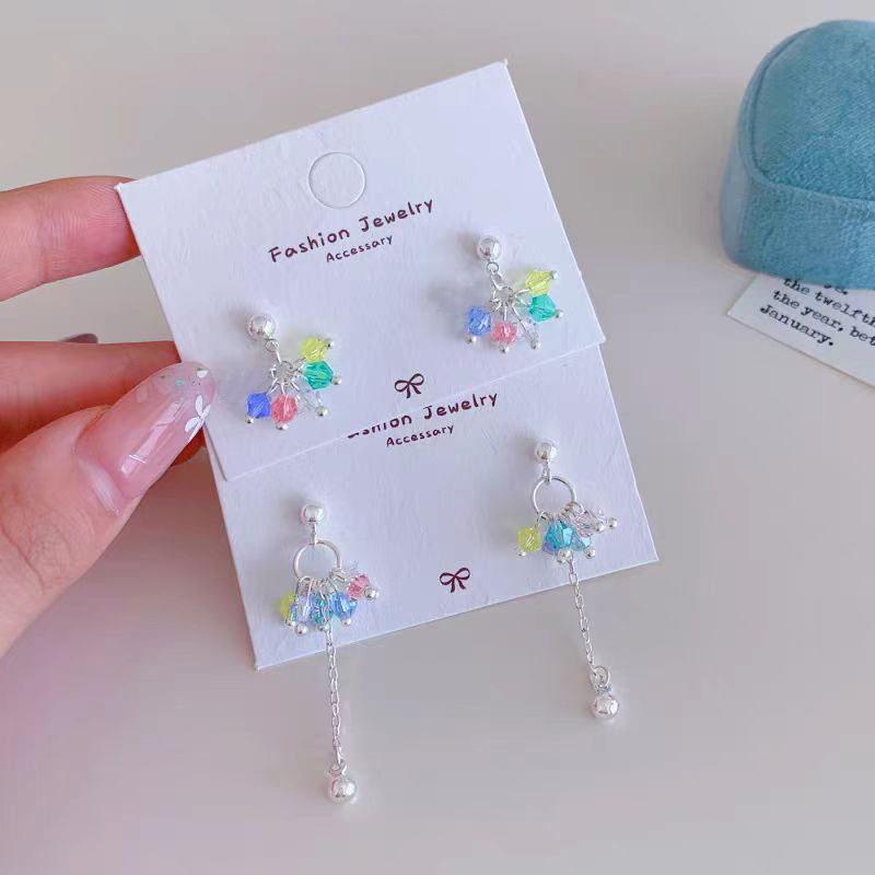 Fashionable bestsellers, colorful crystal tassel earrings, a niche and high-end feel, dopamine light luxury stud earrings, elegant and versatile earrings full figure