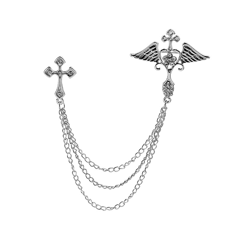 European and American fashion diamond-encrusted angel wing cross deer head brooch, British suit chain tassel brooch Item Picture
