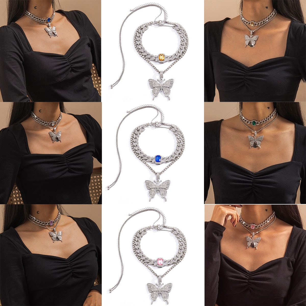 European and American cross-border jewelry, personalized Cuban chain, exaggerated necklace, women's fashionable and elegant diamond-encrusted butterfly gemstone necklace full figure