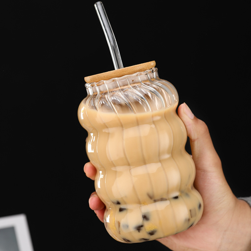 Large-capacity cold drink cup, coffee cup, transparent glass cup, vertical pattern chubby caterpillar straw cup, water cup Specification drawing