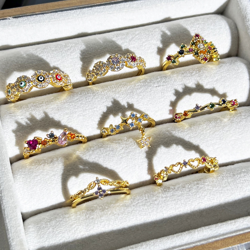 Sweet and cool lace colored diamond slightly set open ring, women's light luxury and high-end style, simple and cold style, exquisite quality, ring trend Specification drawing