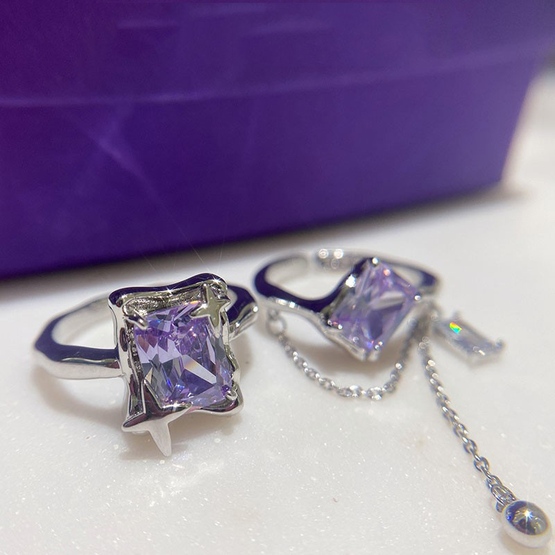 The small square sugar light luxury high-end sweet cool purple diamond zircon tassel open ring for women's ins cold style starlight ring details Picture