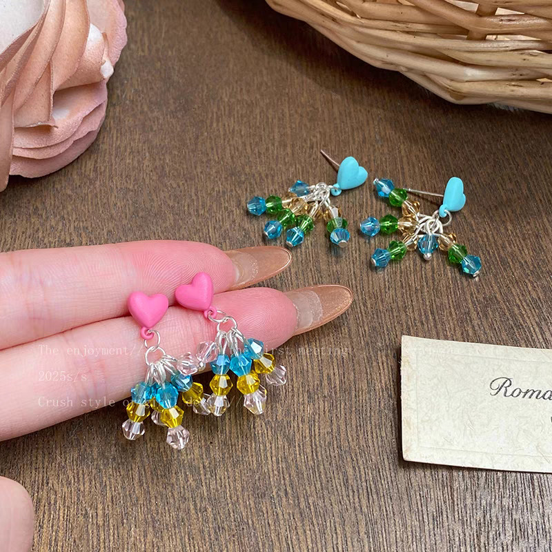 Heart-shaped crystal beaded earrings, women's dopamine, niche high-end design sense earrings, 2025 new best-selling earrings details Picture