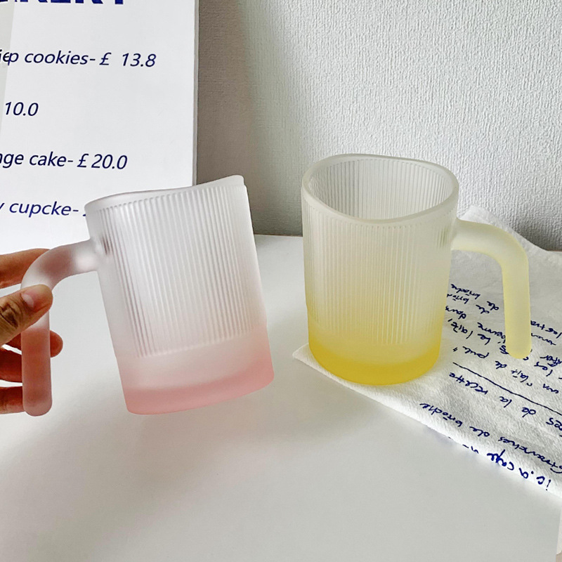 Ins-style lip-rim glass cup with vertical stripes, home frosted gradient color milk cup, high appearance level water cup for women Specification drawing