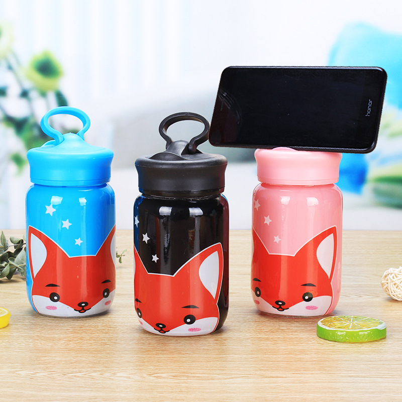 Fox glass cup advertising cup, female student's personalized and trendy mobile phone stand, water cup, fresh, portable and cute cup full figure