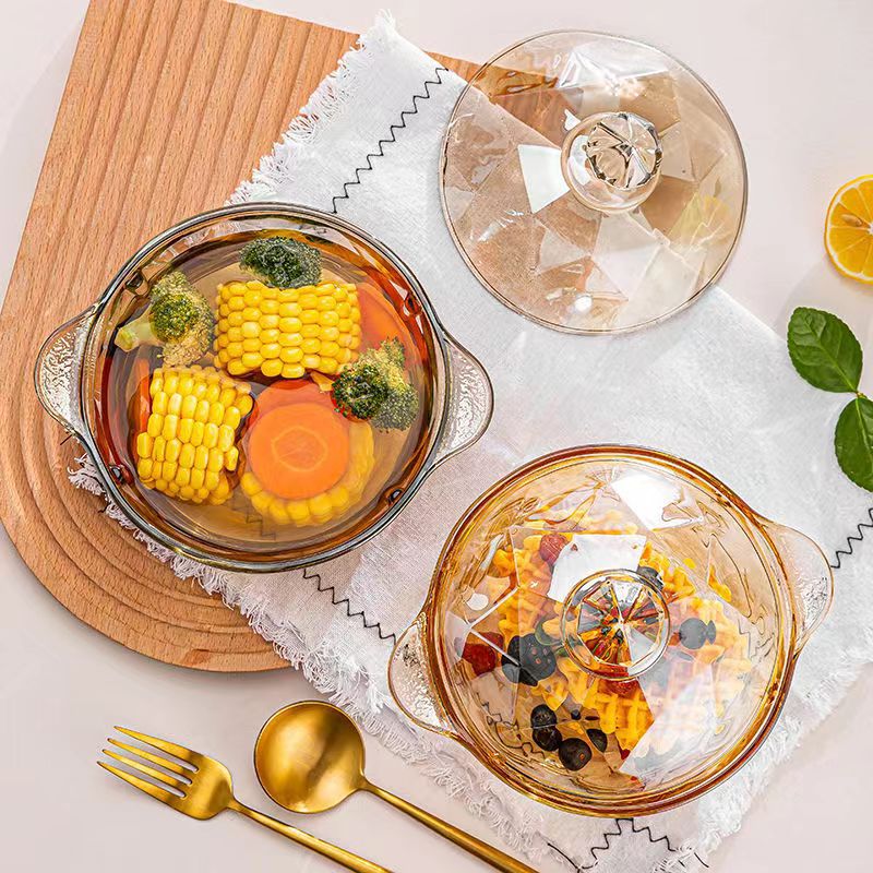 New glass double-ear bowl with lid amber crystal glass instant noodle salad bowl gift box set for wholesale promotion details Picture