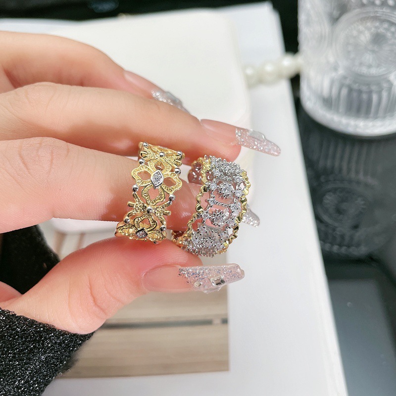 Retro court-style hollowed-out lace opening ring for women, a cold and fashionable, niche and individualistic index finger ring details Picture