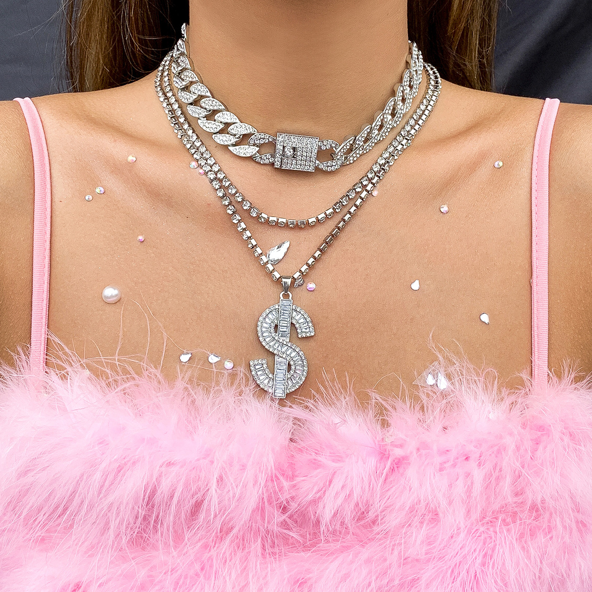 European and American cross-border accessories, punk retro dollar pendant, long diamond necklace, hip-hop super cool Cuban chain necklace details Picture