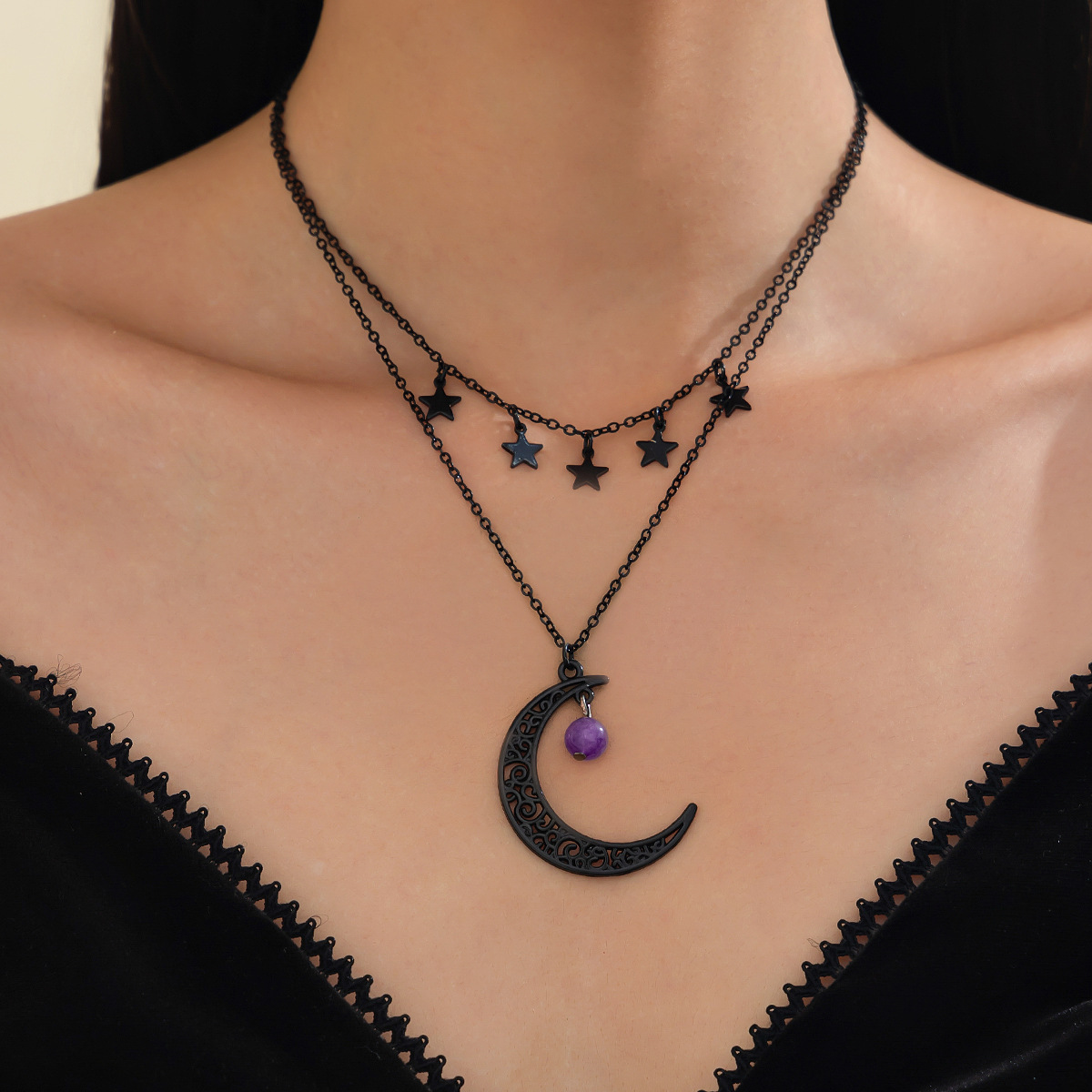 European and American cross-border jewelry, dark style moon pendant collarbone chain, Halloween creative star alloy necklace with multiple layers full figure