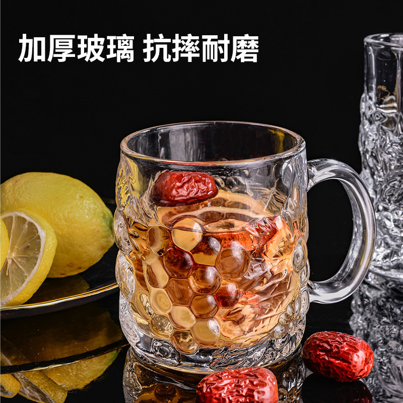 Thickened household glass water cups with handles, tea brewing cups, hotel and bar large draft beer cups, handle cups, beer mugs with large capacity Specification drawing