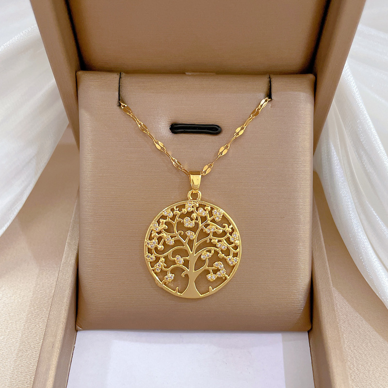【 Titanium Steel 】 Circular Big Tree Light Luxury Cross-border Banquet Wedding necklace, versatile collarbone chain for female Internet celebrities, titanium steel chain full figure