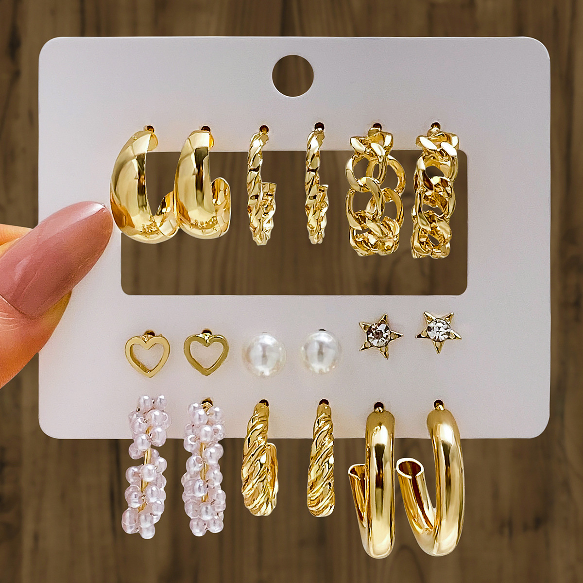 New European and American minimalist earrings, creative, individual and fashionable, large ring earrings set with rhinestones, 9 pairs of earrings for women full figure