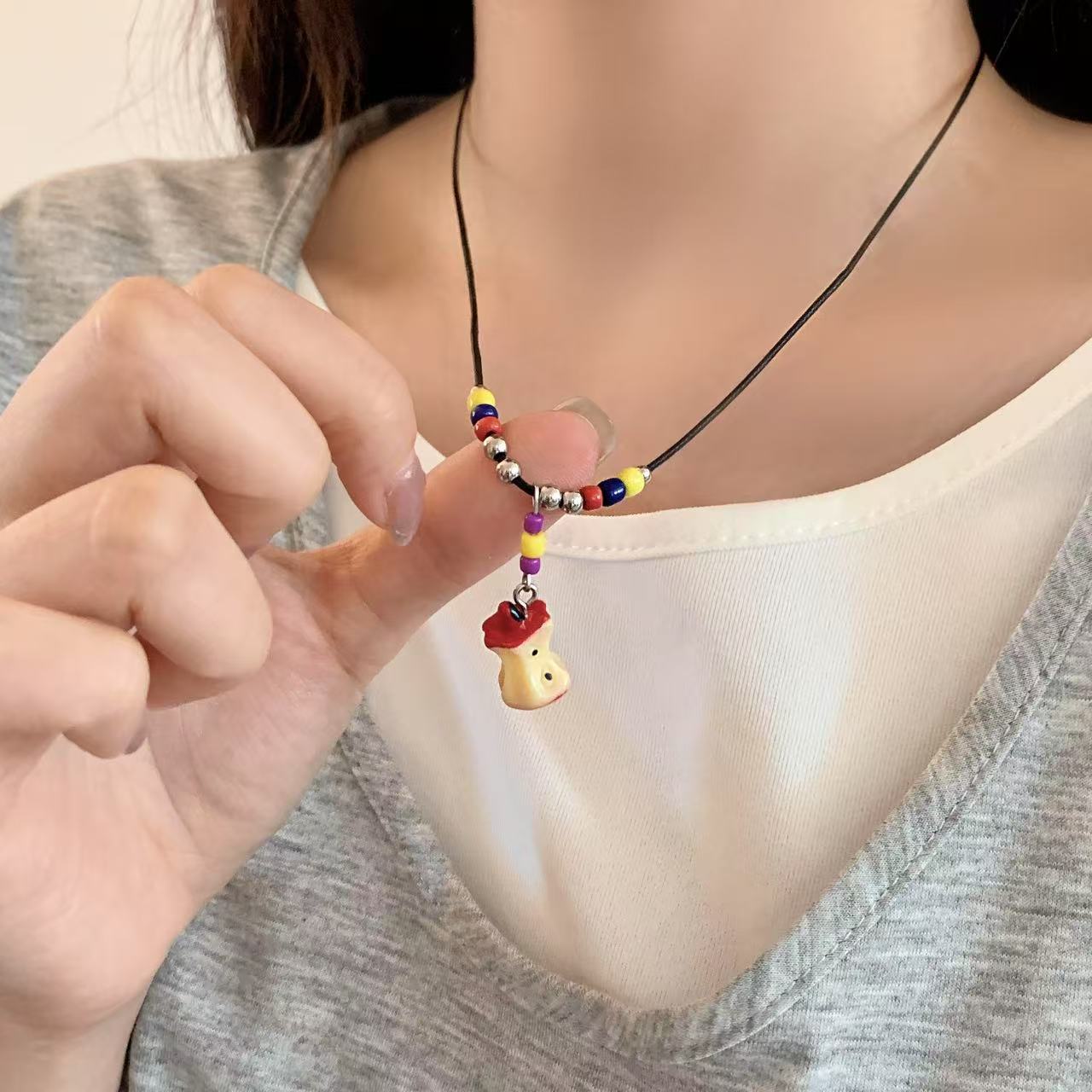 Dopamine apple core colorful beaded black rope necklace, retro and niche Korean Ink-style, cute and childlike necklace for girls details Picture