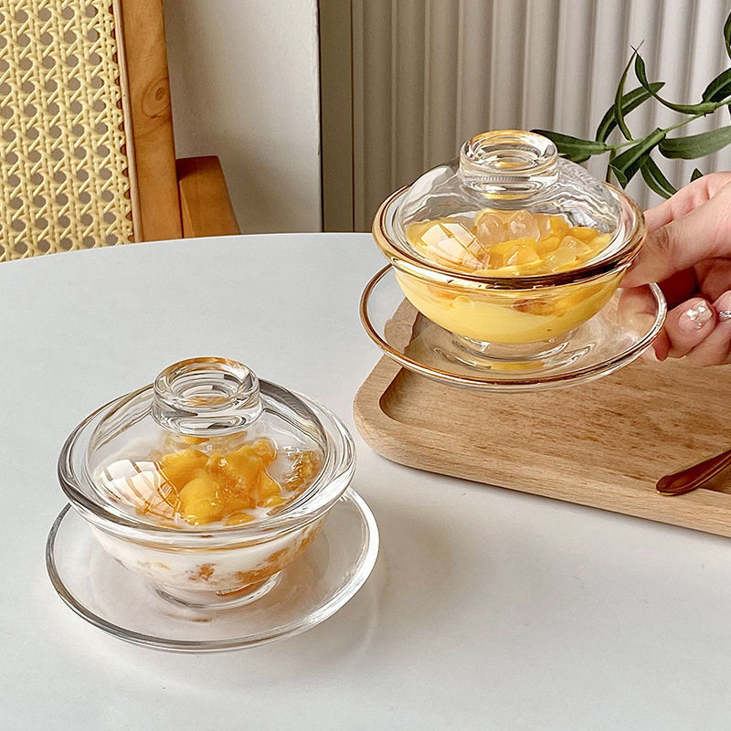 Glass bowl, bird's nest cup, covered dessert bowl, home Chinese-style bowl and plate set, golden edge heat-resistant exquisite sugar soup bowl and soup cup details Picture